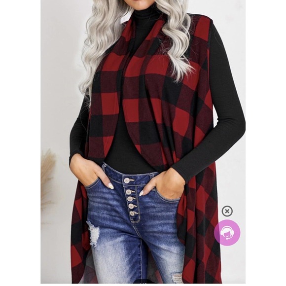 NeatandNiceShop Sweaters - NEW - Red Plaid Longline Open Front Boutique Cardigan VEST Womens Size XXL 2XL